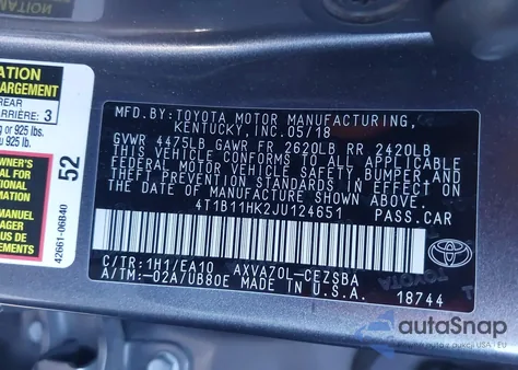 2018 Toyota Camry Se из США, поврежденный, VIN 4T1B11HK2JU124651